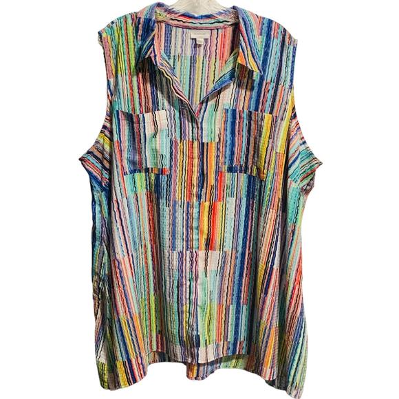 AVENUE Sleeveless Button Down Shirt 26/28 Multicolored Chest Pockets Artsy Top - Picture 1 of 6